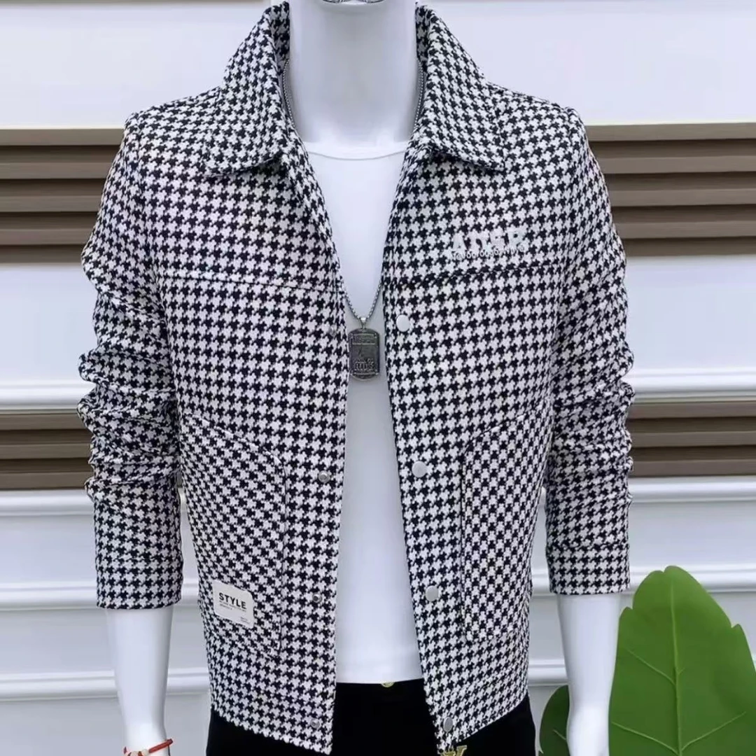 261春季新款男士夹克千鸟格帅气潮流韩版修身时尚翻领休闲男外套