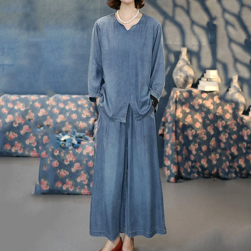 CK6106蓝套装2025夏季新款莱赛尔长袖衬衫裤子百搭上衣裙裤