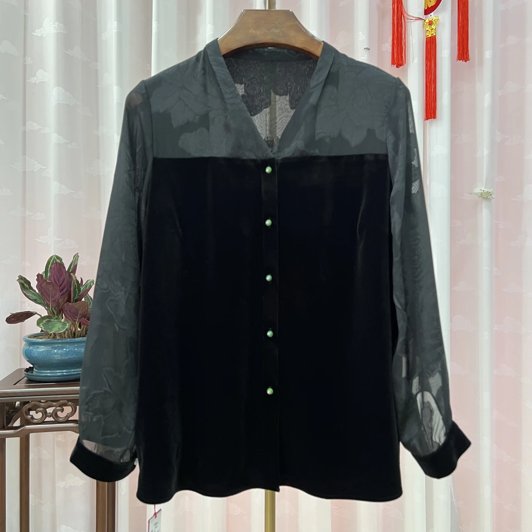 胖人坊轻熟风丝绒衬衫4570 衣长71