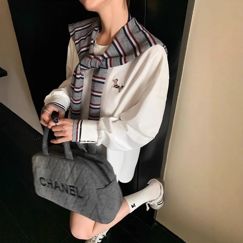 老钱风减龄腊肠狗刺绣宽松T恤（带披肩）条纹外搭韩版早秋上衣9557