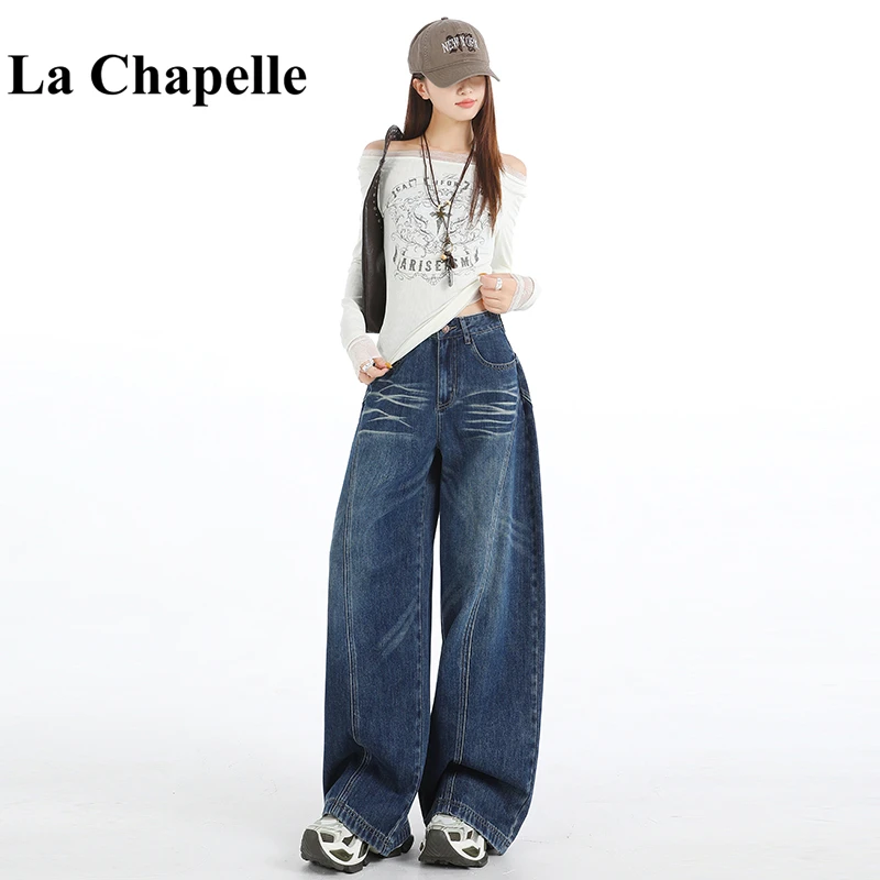 拉夏贝尔美式复古弯刀牛仔裤女秋季2025新款宽松设计感小众阔腿裤