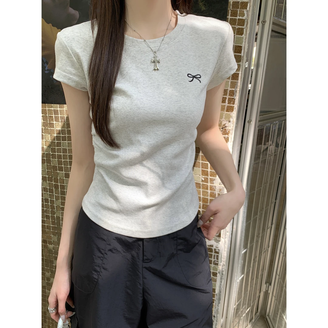 夏季韩版圆领正肩修身褶皱蝴蝶结刺绣百搭纯棉短袖恤t恤