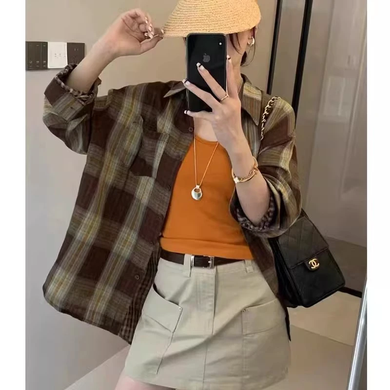 格子衬衫撞色背心两件套女2025秋季新款韩版时尚长袖防晒洋气上衣