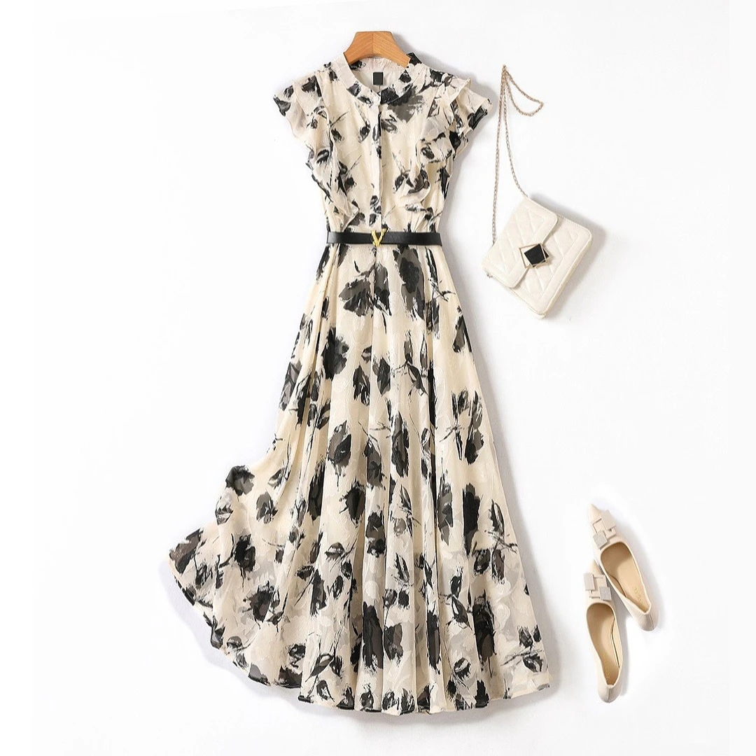 UQS高级感花色连衣裙2025夏季度假风连衣裙时尚显瘦碎花连衣裙