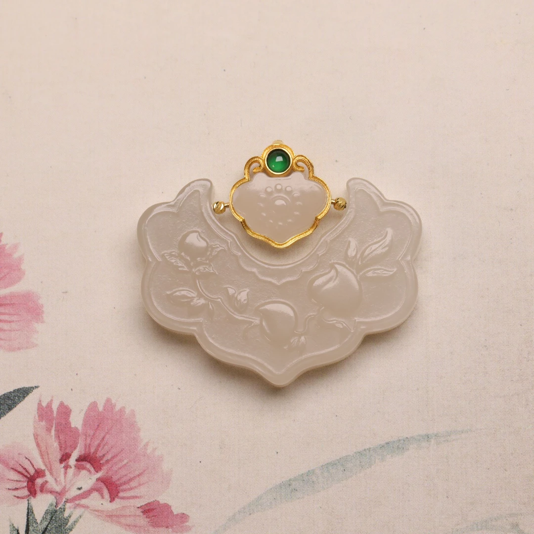 正宗新疆和田玉青海藕粉18k金镶如意锁祥云锁新中式送妈妈送女友