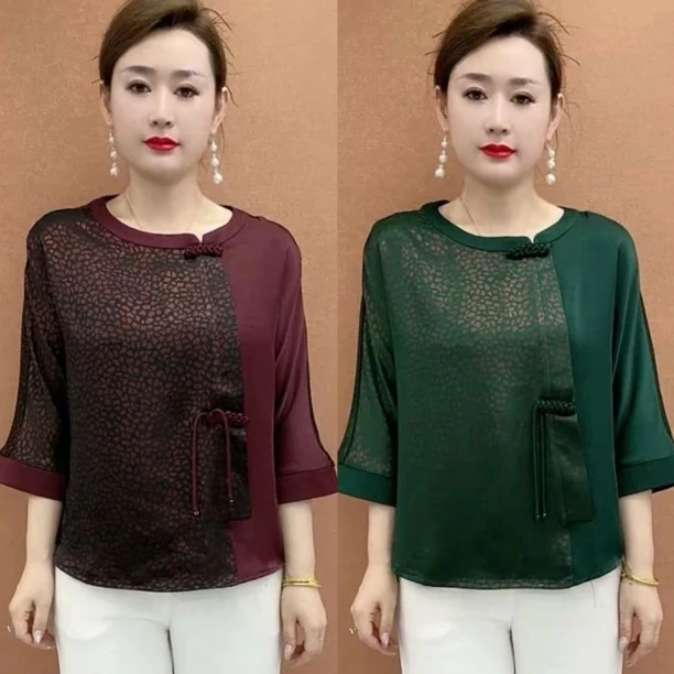 圆领宽松型中老年女装显瘦夏季七分袖中袖t恤小衫