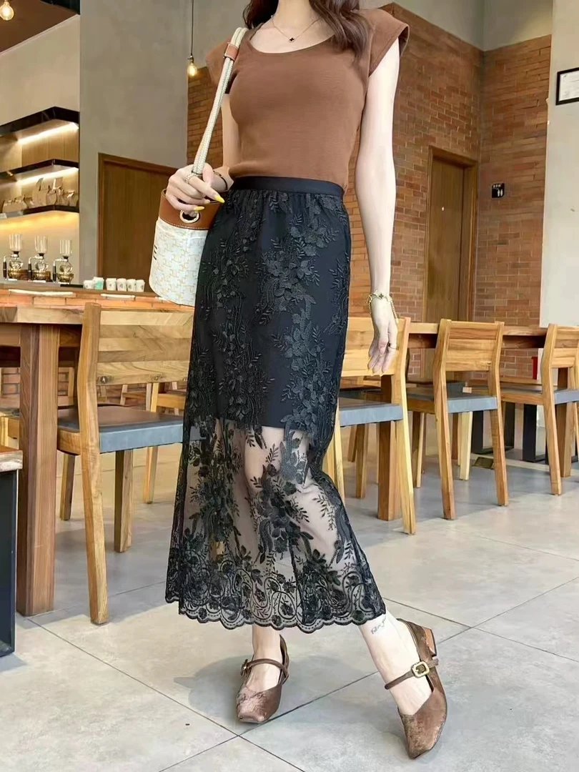 欧货正品2025ML夏款个性高腰显瘦蕾丝钩花女人味开衩半身裙06198