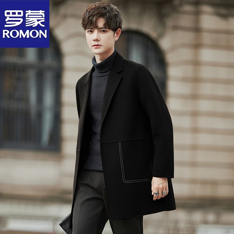 Romon/罗蒙冬季双面羊毛呢大衣男款中长款高级西装领风衣外套