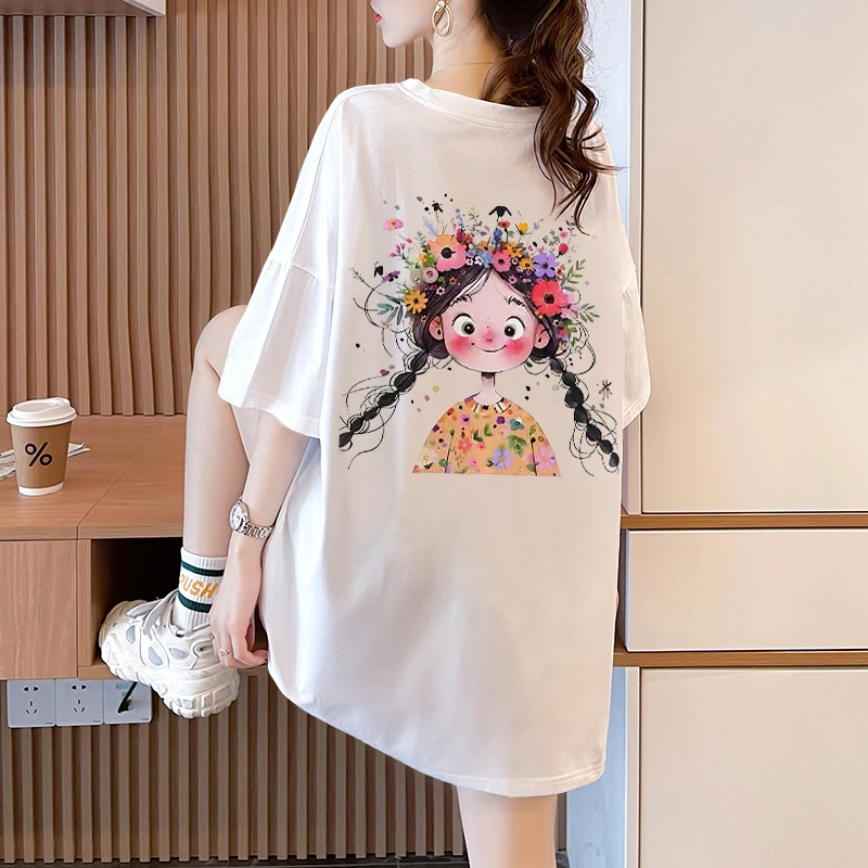 纯棉白色圆领短袖t恤女夏季宽松中长款卡通显瘦休闲百搭潮牌上衣