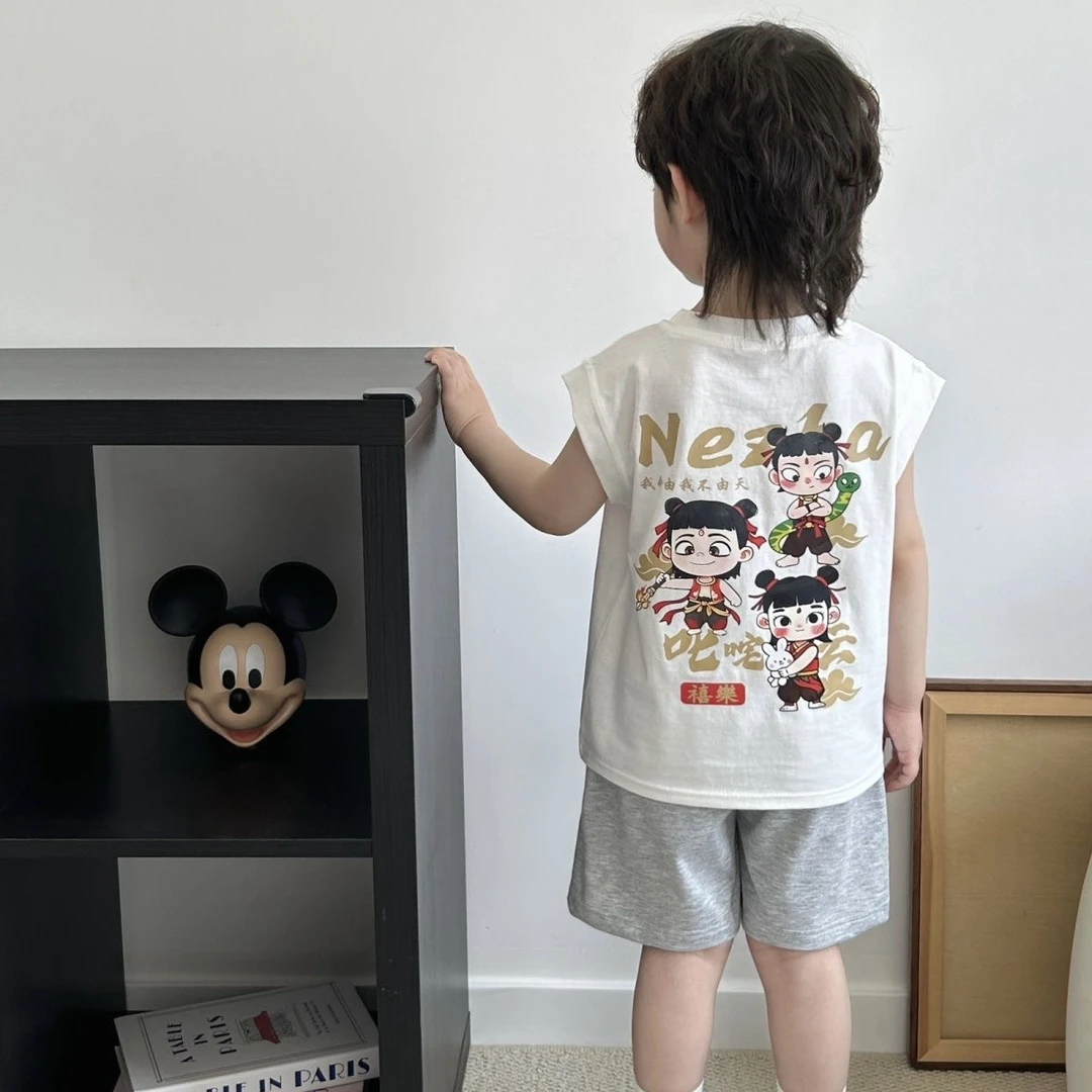 哪吒儿童睡衣2025新款纯棉男孩宝宝套装夏季薄款男童背心短裤套装