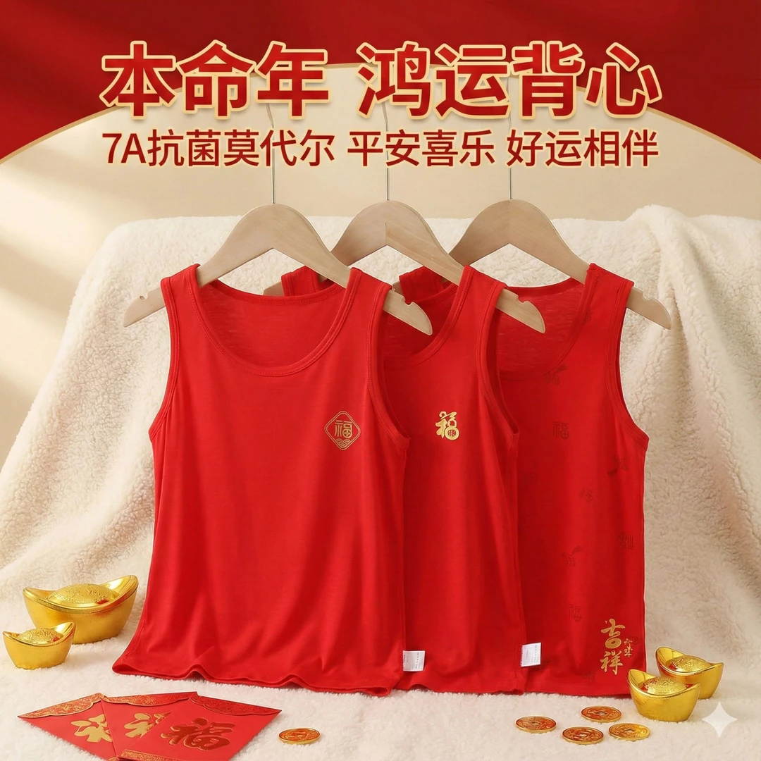儿童莫代尔薄款大红色背心马年宝宝吊带男女童本命年小孩新年内衣