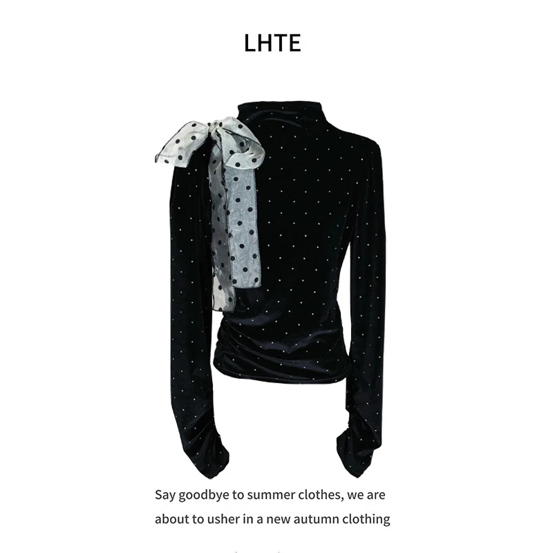 青青大码女装 春秋丝绒波点打底衫显瘦气质百搭大码内搭C4477黑色