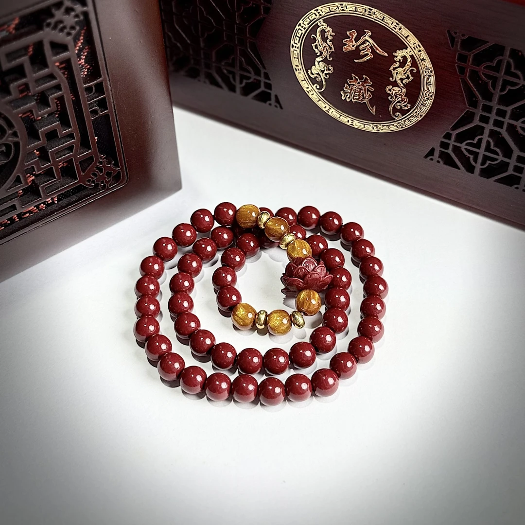 含辰砂工艺品S0995-双圈精品手串带莲花雕刻带隔珠（无礼盒）