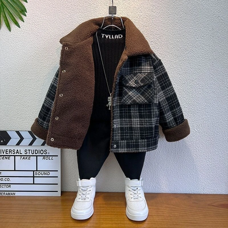 男童加绒格子外套秋冬2025款摇粒绒加厚儿童冬装夹克洋气宝宝衣服