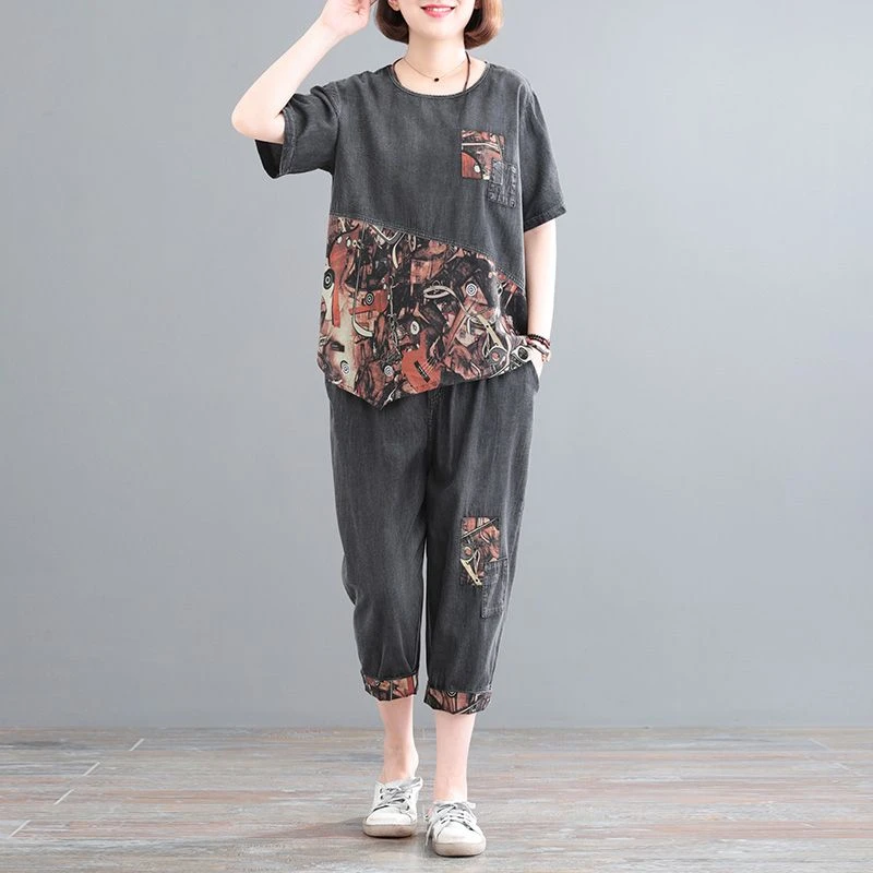 夏季套装女时尚洋气大码女装2025新款潮薄款上衣仔七分裤两件套