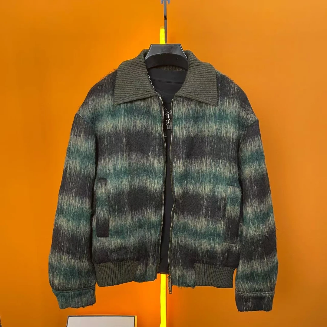 H-美式复古毛呢撞色棕绿格纹拼接翻领格子夹克男女秋冬潮流外套