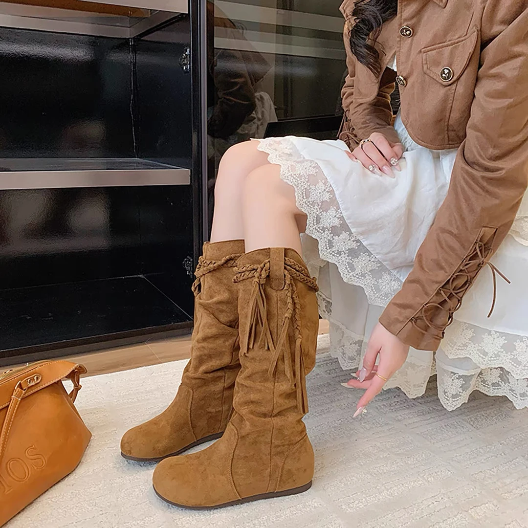 2025秋冬复古编织流苏靴女内增高西部牛仔堆堆靴显瘦中长筒埃及靴