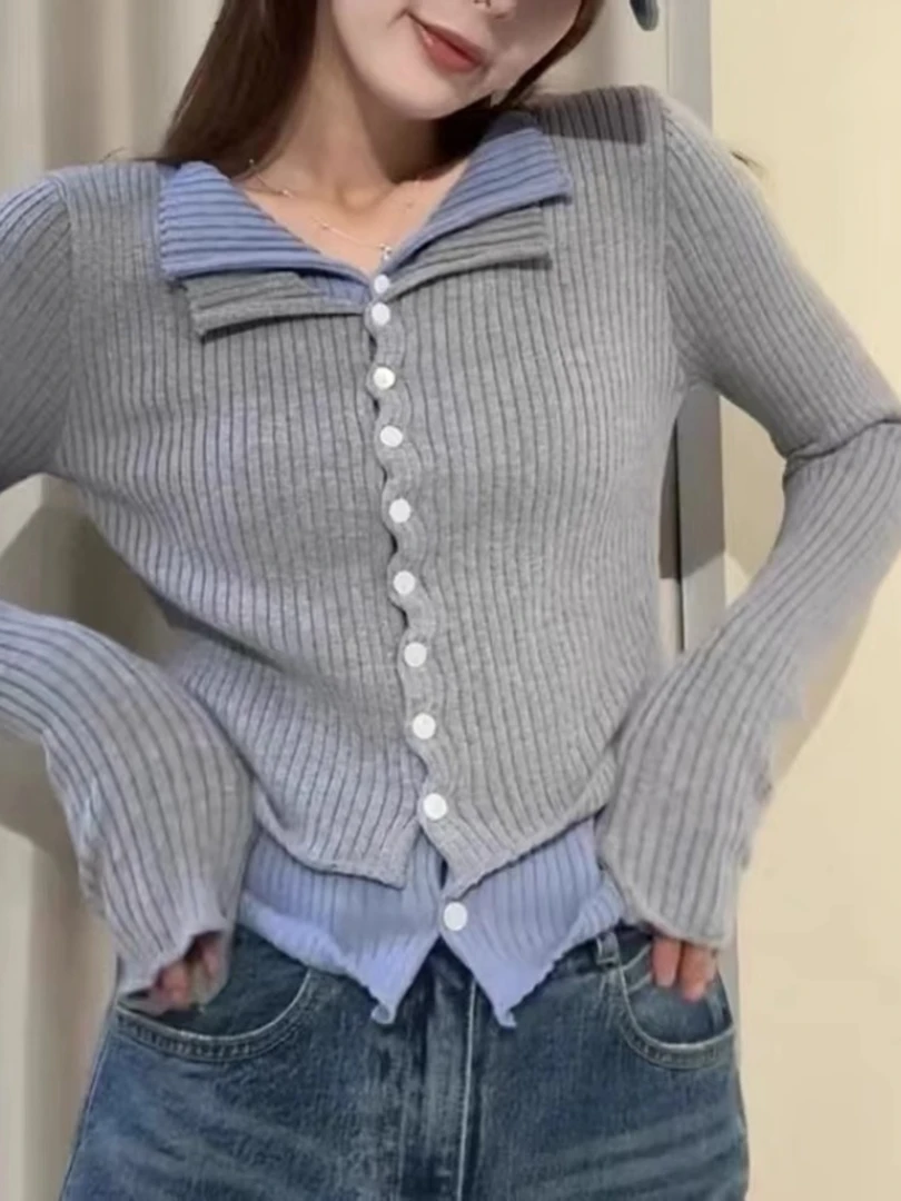 撞色假两件针织衫女2025新款春秋韩版设计感小众小个子短款上毛衣