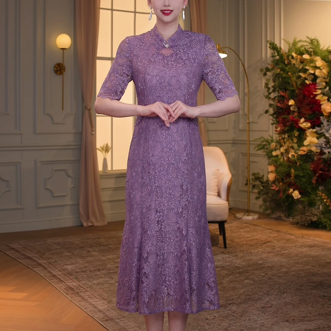 【香妮芬】83287夏新款丁香紫蕾丝连衣裙短袖长裙妈妈装平时大码