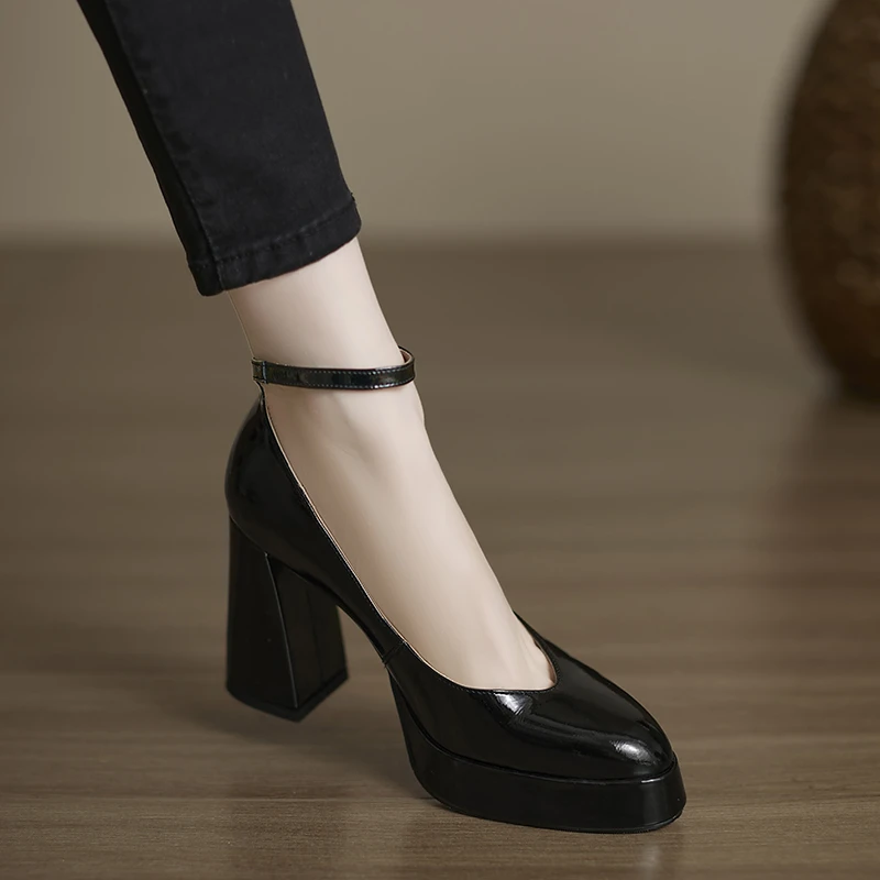 小个子手工女鞋9.5cm~2025新款单鞋酒红玛丽珍鞋粗跟不累脚高跟鞋