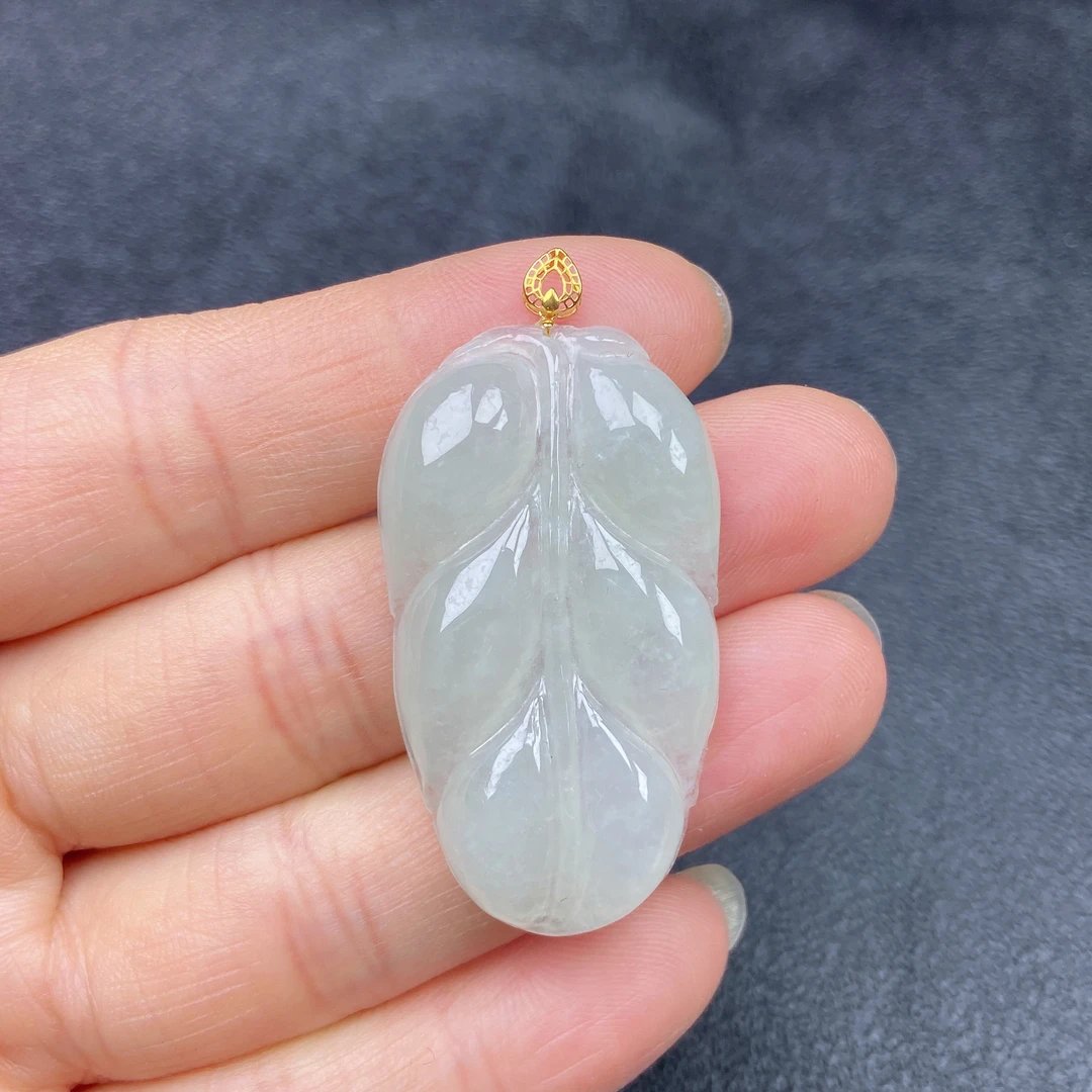 18k扣头冰润精美金枝玉叶吊坠缅甸天然翡翠a货 尺寸40×22.6×5.7mm