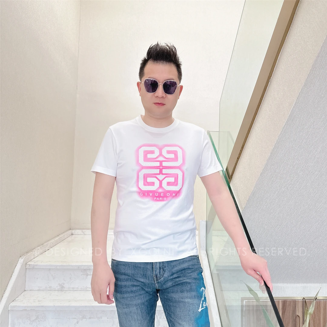 春夏款NL胸前粉色四个圈圈男士品质高端轻奢洋气上档次潮短袖t恤