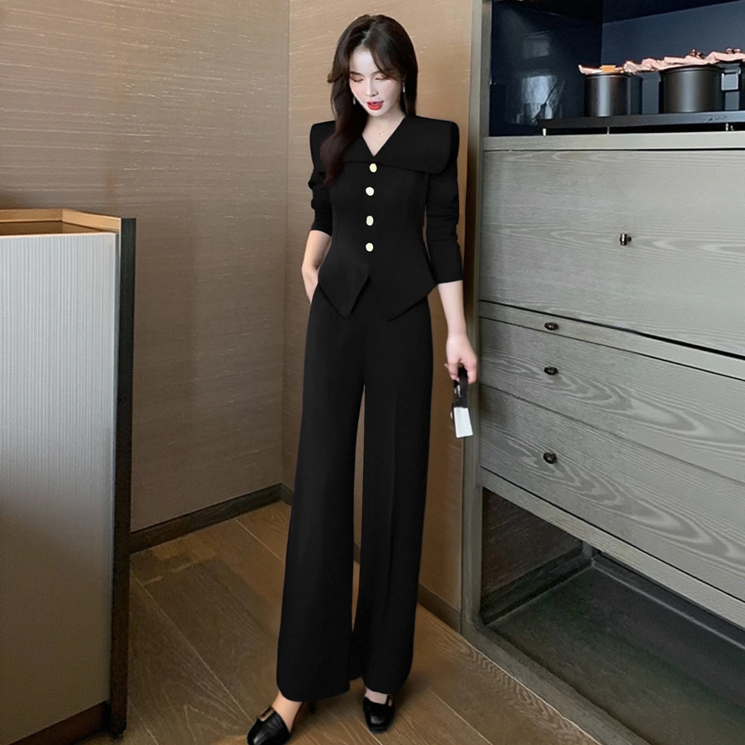 【秀秀专属】【两件套】流行穿搭一整套黑色阔腿裤套装女两件套D3488