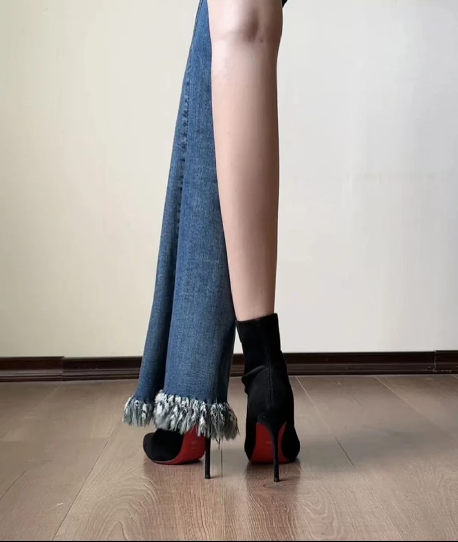 红底瘦瘦靴秋冬尖头袜靴黑色弹力靴高跟网红胶粘性感气质时尚百搭