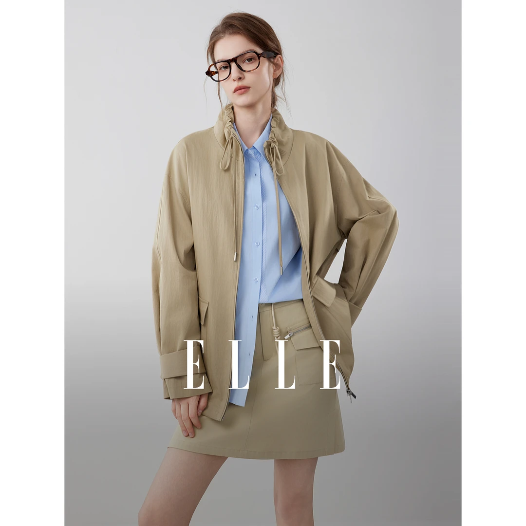 ELLE女装复古卡其中长款外套2025秋季新款廓形抽绳上衣EF52946