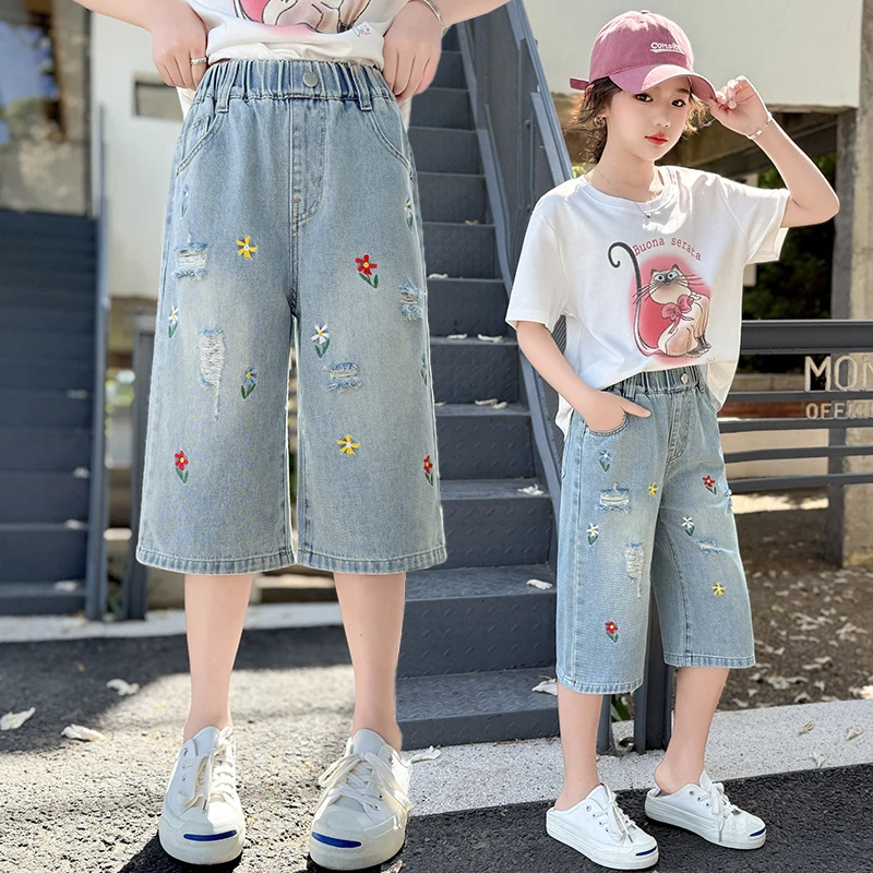 女童牛仔七分裤夏季薄款儿童阔腿裤子时髦洋气小女孩中大童装出街