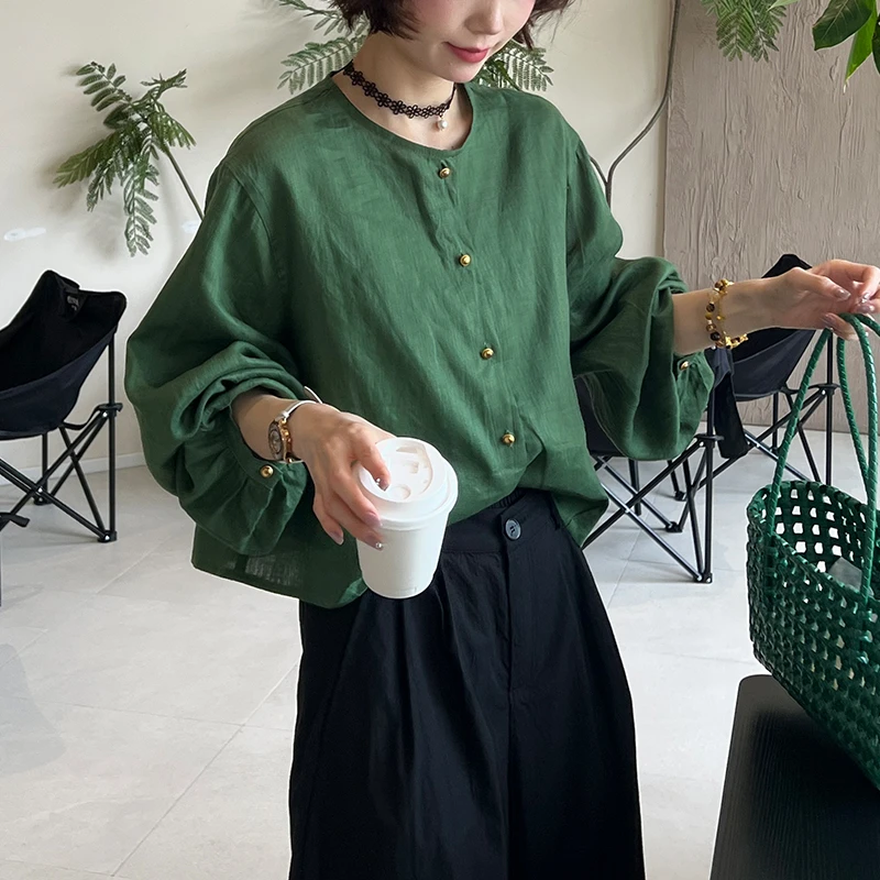 大码女装绿色圆领衬衫春季小个子显瘦显白遮肉薄款单排扣长袖上衣