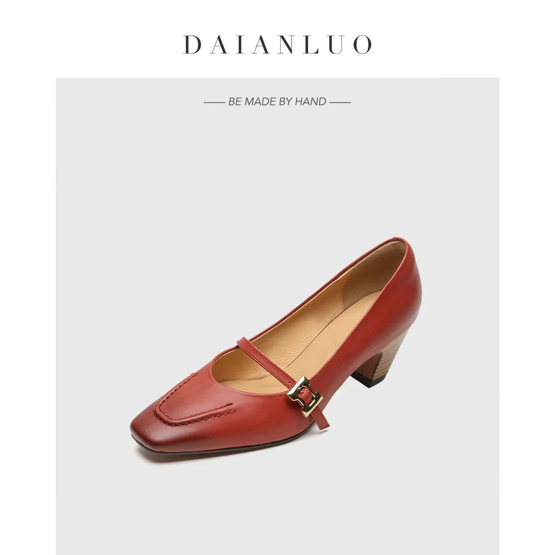 【跟高5cm】简约法式单鞋高跟鞋粗跟一字带玛丽珍方头真皮复古皮鞋