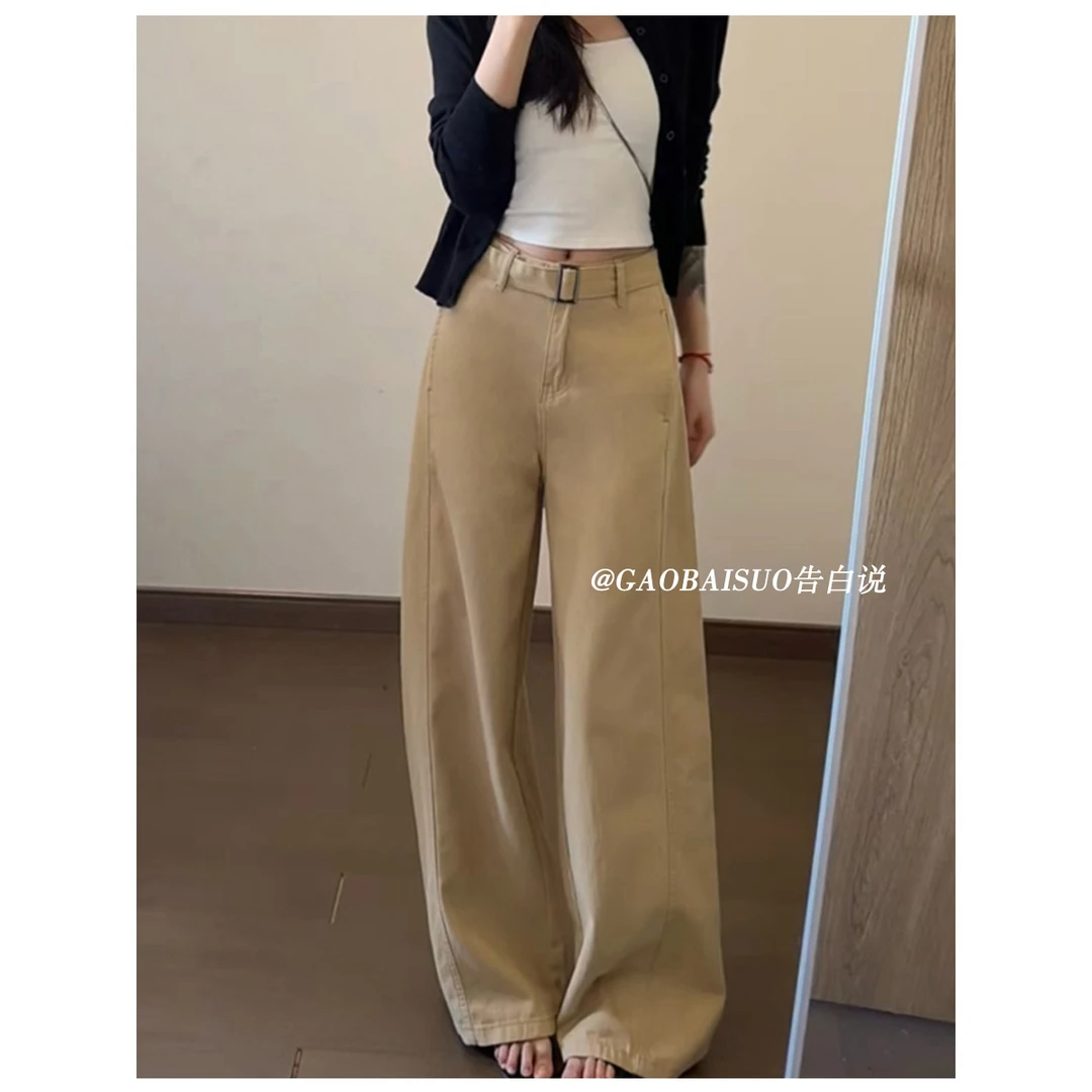 初秋美式复古卡其色弯刀休闲牛仔裤痞帅炸街风女垂感设计感显瘦