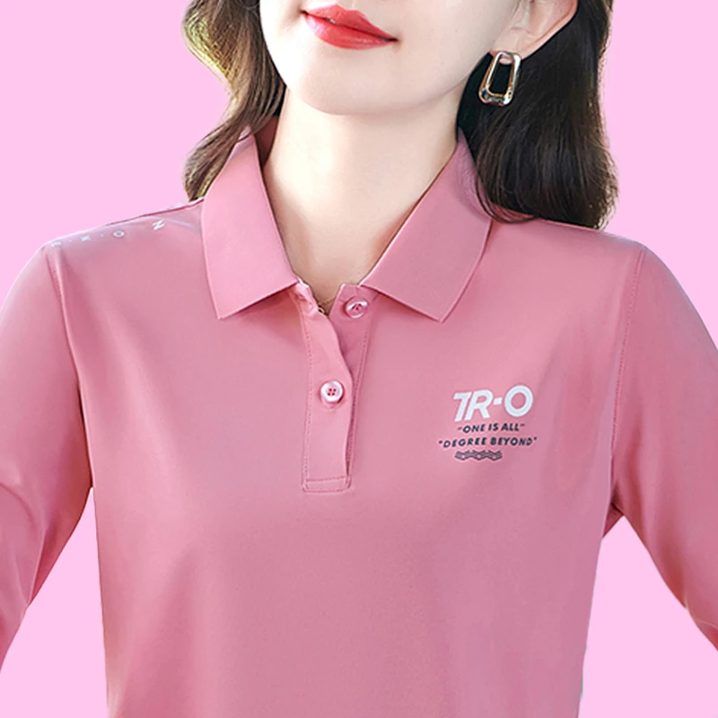 A40粉色春秋季长袖印花t恤女POLO衫时尚休闲宽松显瘦翻领上衣女