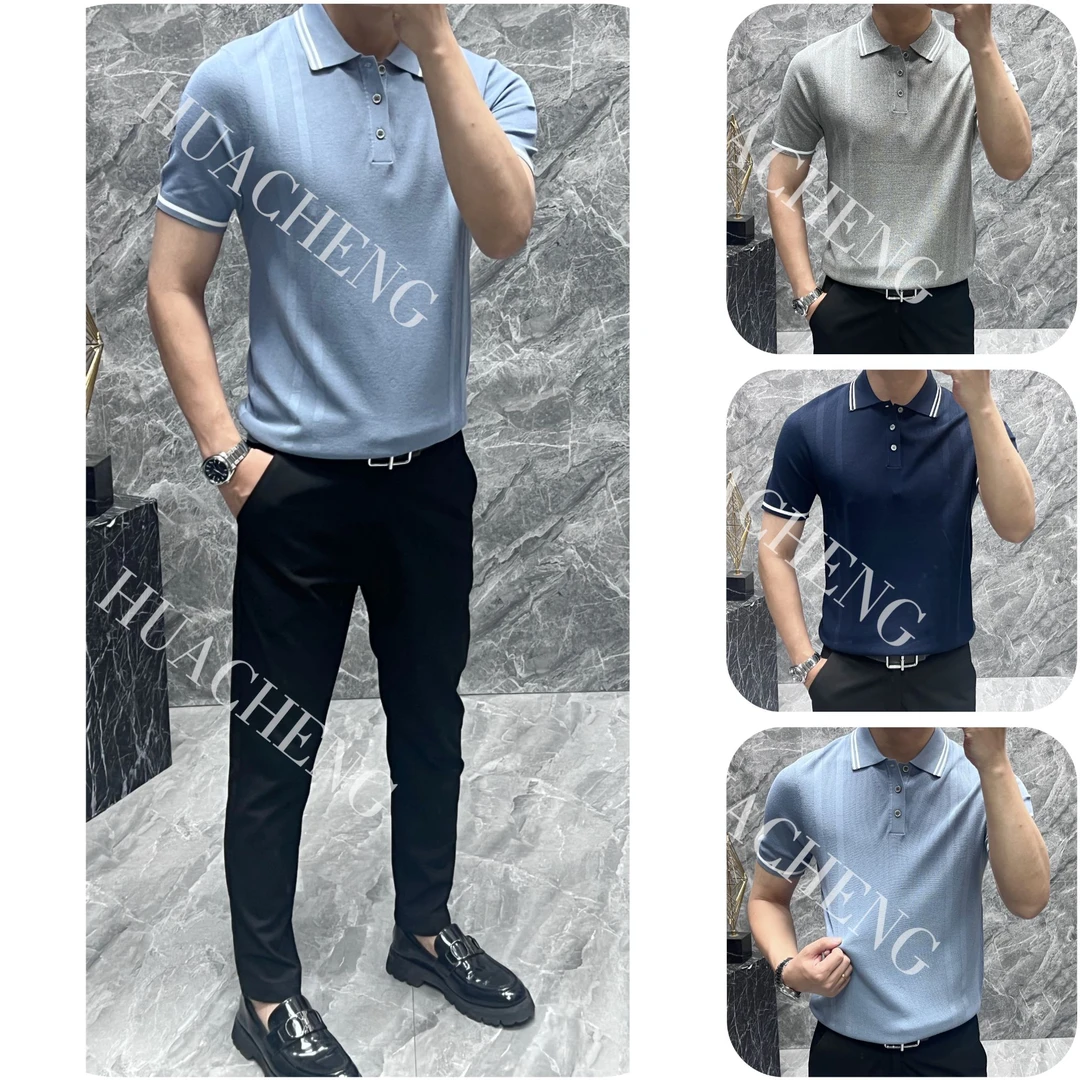 【画成】商务休闲针织提花夏季时尚撞色Polo衫男士简约修身翻领短袖