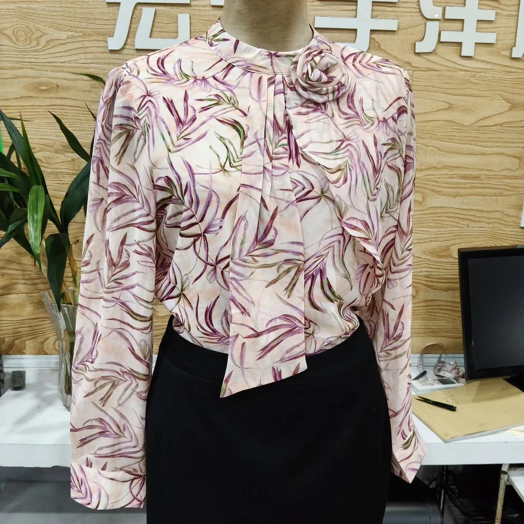 法式气质修身印花网红立领衬衣飘带衬衫浪漫时尚设计感长袖上衣