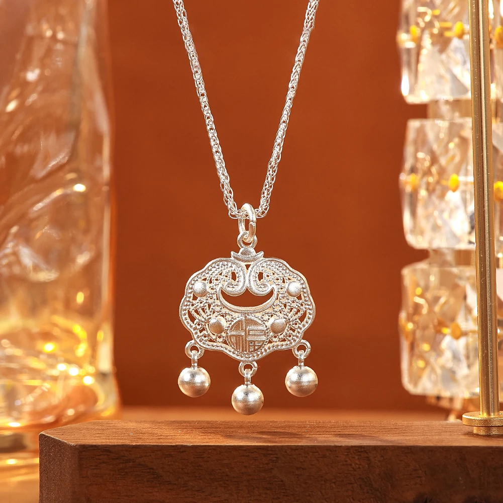 坠链均足银 817如意平安锁铃铛项链满镶轻奢时尚气质简约精致复古