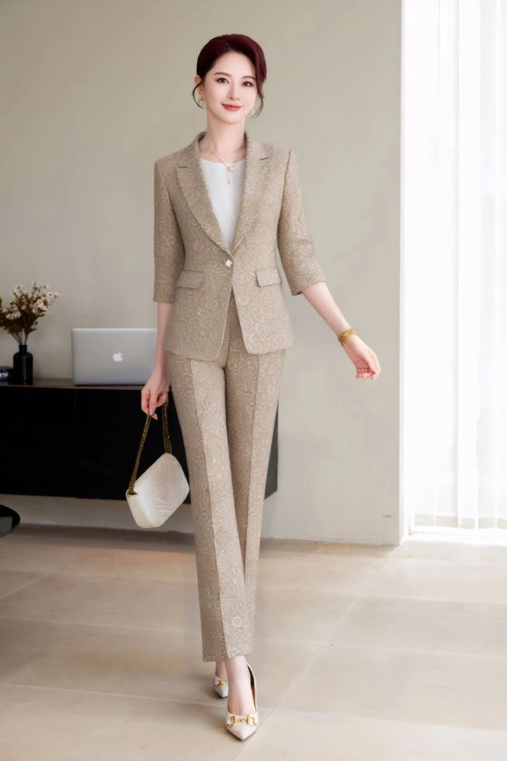 2025新款春夏季轻奢女神范时尚高级感提花洋气西装套装2575