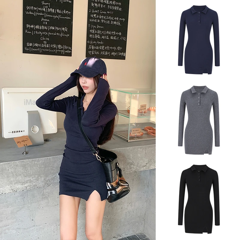 polo领长袖秋冬气质连衣裙dk黑色裙子秋季收腰显瘦开叉包臀短裙