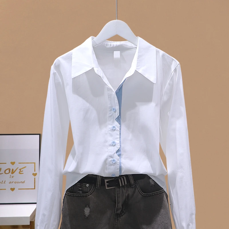 2025春新款棉布打底衬衫女宽松显瘦设计感撞色门襟洋气长袖上衣