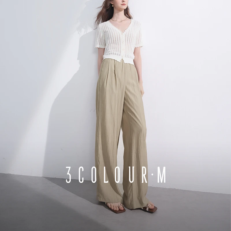 三彩2025夏季新款松紧腰长裤休闲裤宽松直筒阔腿裤垂感M