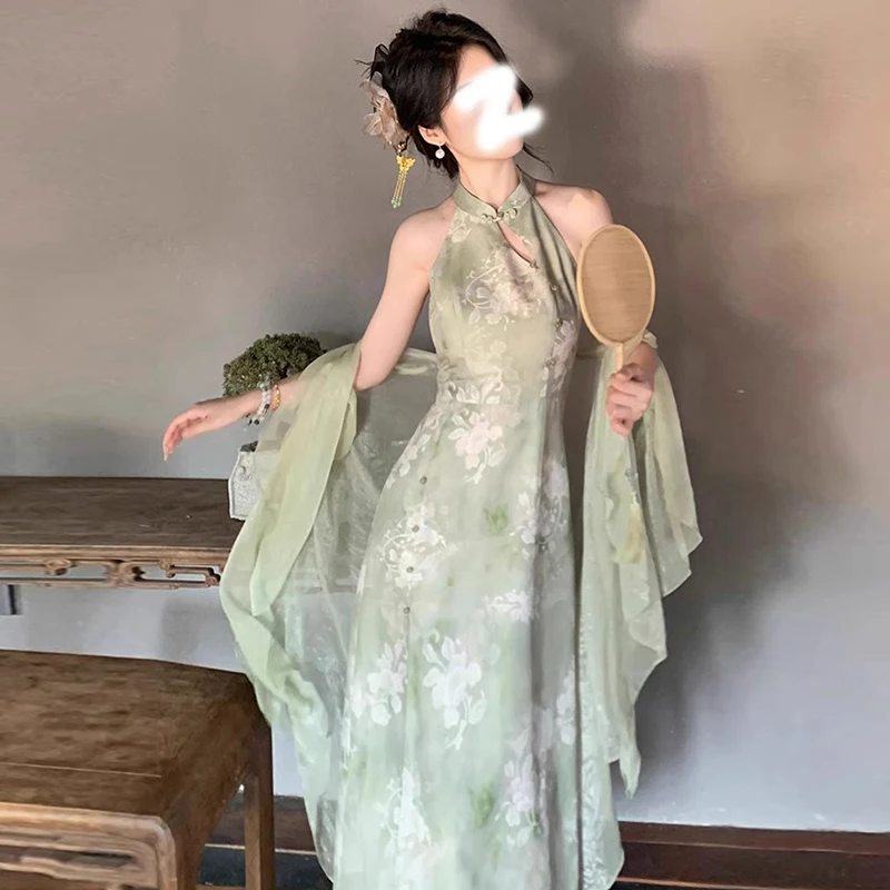 【两件套】【有里布】仙气国风新款连衣裙外搭披肩长款开衫外套D0669