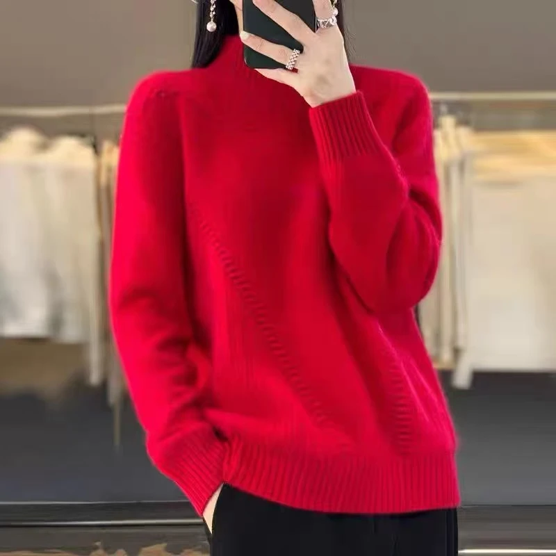 七针加厚古波女100羊毛打底衫套头半高领毛衣宽松63