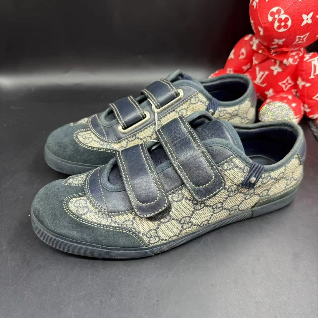 95新 GUCCI/古驰 男士时尚藏蓝色老花魔术贴板鞋40欧码ddm2682