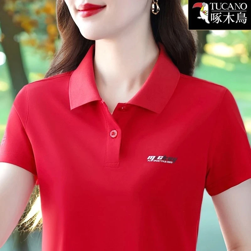 啄木鸟~妈妈夏装短袖t恤女夏2025新高级感印花POLO衫显瘦翻领上衣