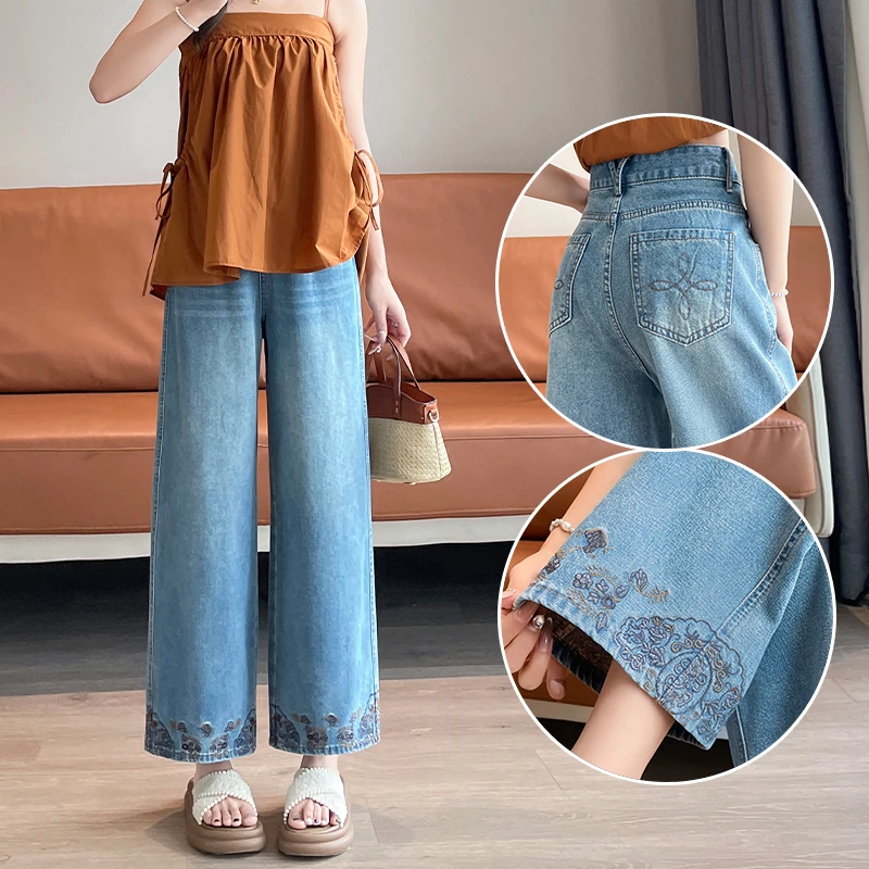 喜绚直筒刺绣高腰牛仔裤女夏季薄款小个子弹力修身显瘦绣花直筒裤