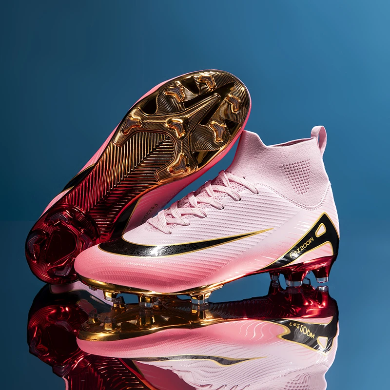 C罗新款高帮足球鞋金色电镀底成人学生男女儿童长钉AG防滑训练鞋