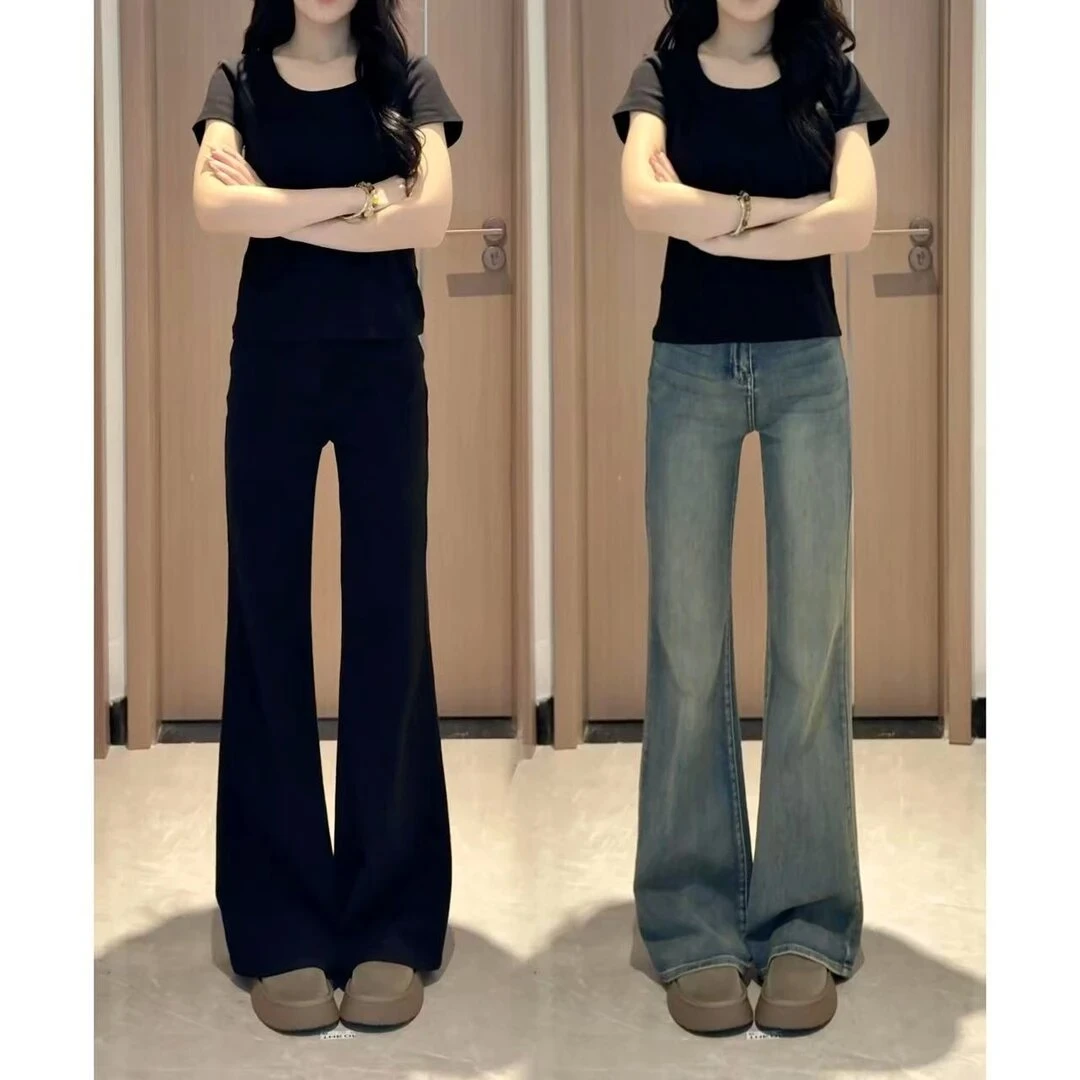 不贴腿微喇牛仔裤女秋冬薄款宽松直筒阔腿高腰显瘦窄版弯刀拖地裤