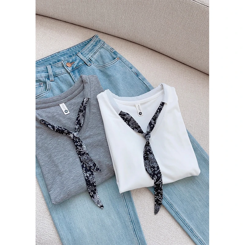 【丝巾V领~】夏季V型丝巾领短袖T恤时尚休闲上衣