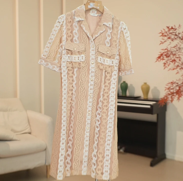 A020 时尚撞色蕾丝衬衫连衣裙 TA21LQ066S